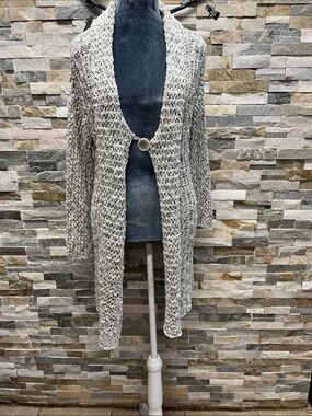 Open-Knit Long Cardigan with Single Button - Light Gray